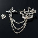 Men Clear Crystal Rhinestone Brooch Lapel Pin Crown Coat Suit Tassel Chain VCD