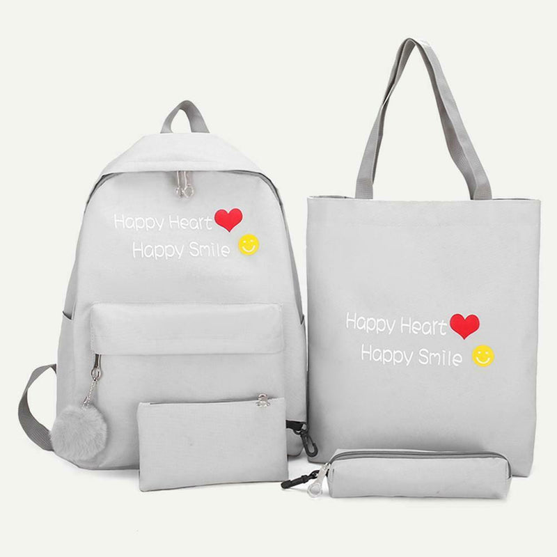 4pcs/set Letter Print Canvas Women Backpack Travel Schoolbag Totes (Grey) A