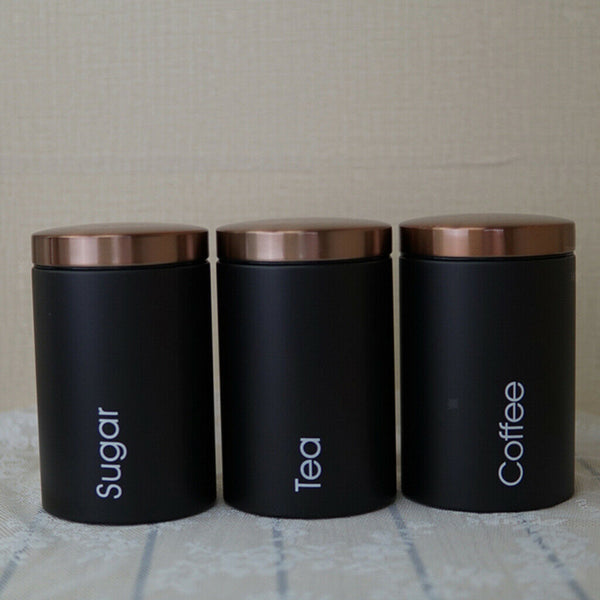 3pcs Tea Coffee Storage Canisters w/ Lid Kitchen Dry Nuts Space-saving Black