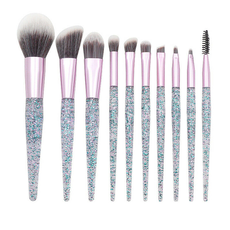 10Pcs Rhinestone Crystal Glitter Makeup Brushes Set Professional Foundation B6H4