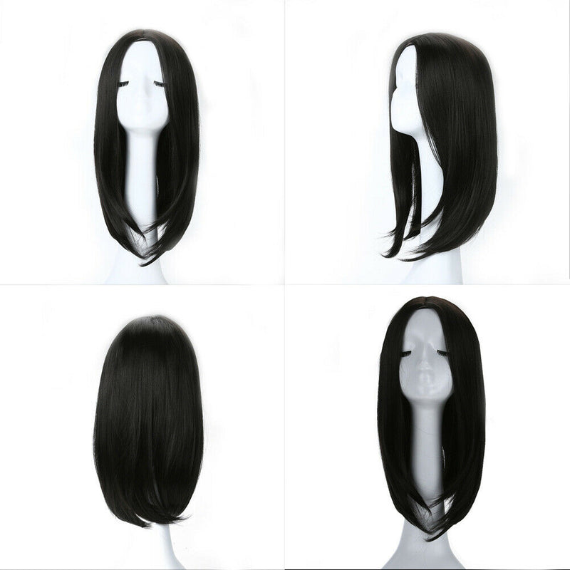 Women Silky Black Straight Bobo Hairstyle Middle Parted Wig Hairpiece