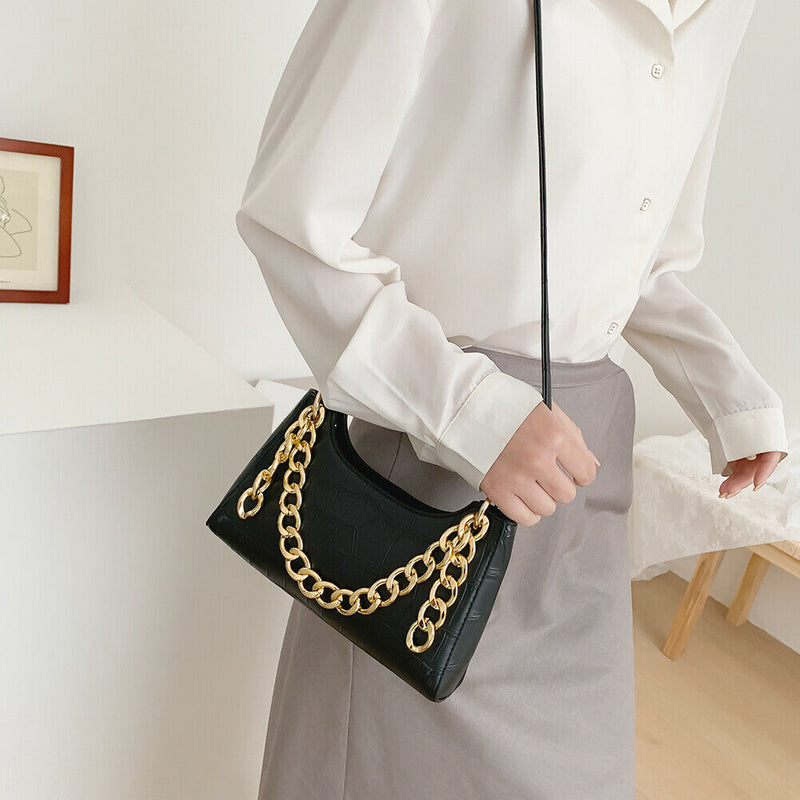 Women Stone Leather Shoulder Bags Elegant Chain Messenger Handbags (Black)