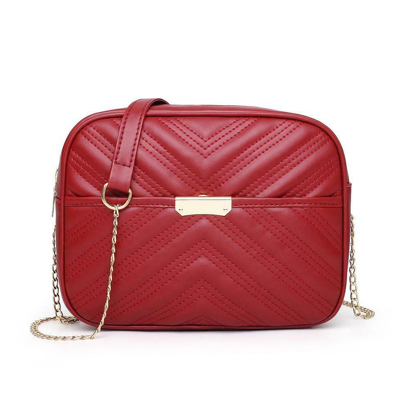 Women Simple Leather Crossbody Bag Chain Shoulder Messenger Handbag (Red) A