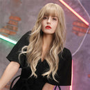 Women Girls Light Blonde Long Wave Wigs with Neat Bangs, Natural Long Curly Heat