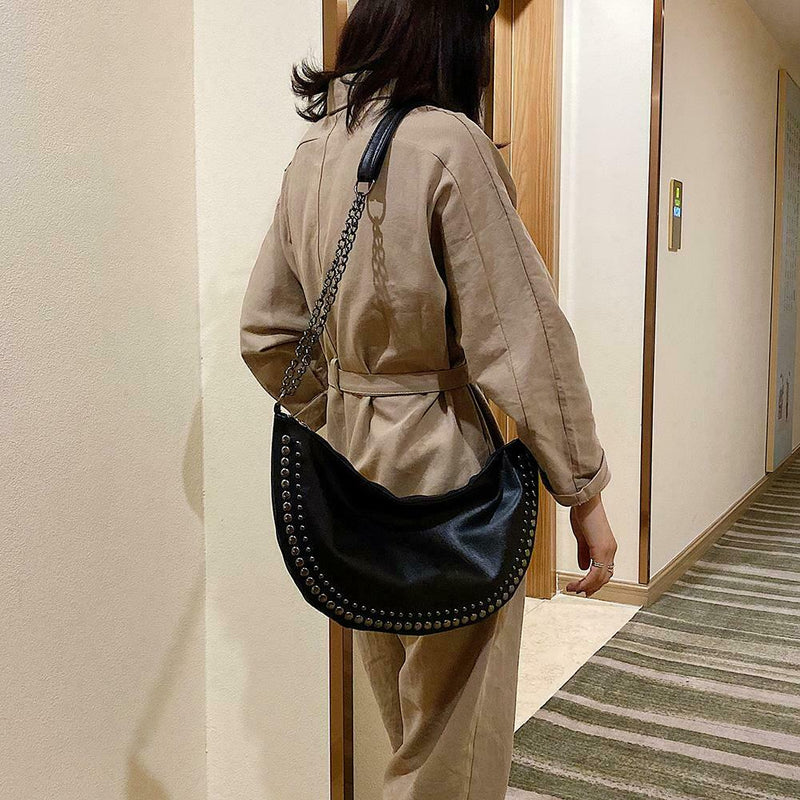 Women PU Leather Semicircle Shoulder Crossbody Sling Bag Rivet Messenger Handbag