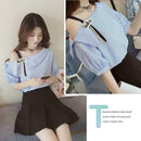 Short Sleeve Hollow Off Shoulder Strapless Stripe Women Tops (Blue XXL)