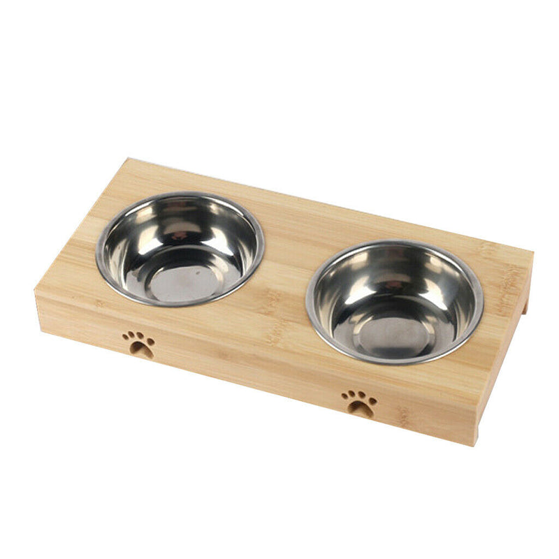 2pcs Bamboo Elevated Dog Cat Food Water Bowls Stand Feeder With Stainless 2 Bowl