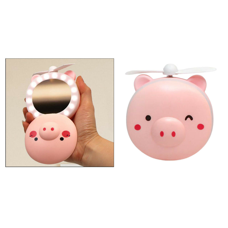 3in1 Cartoon Pig Shape Mini Makeup Mirror Fan Light Hand Held General Purpose