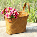 Natural Round Straw Basket Bin Handmade with Handgrip Orange 33X21X26cm