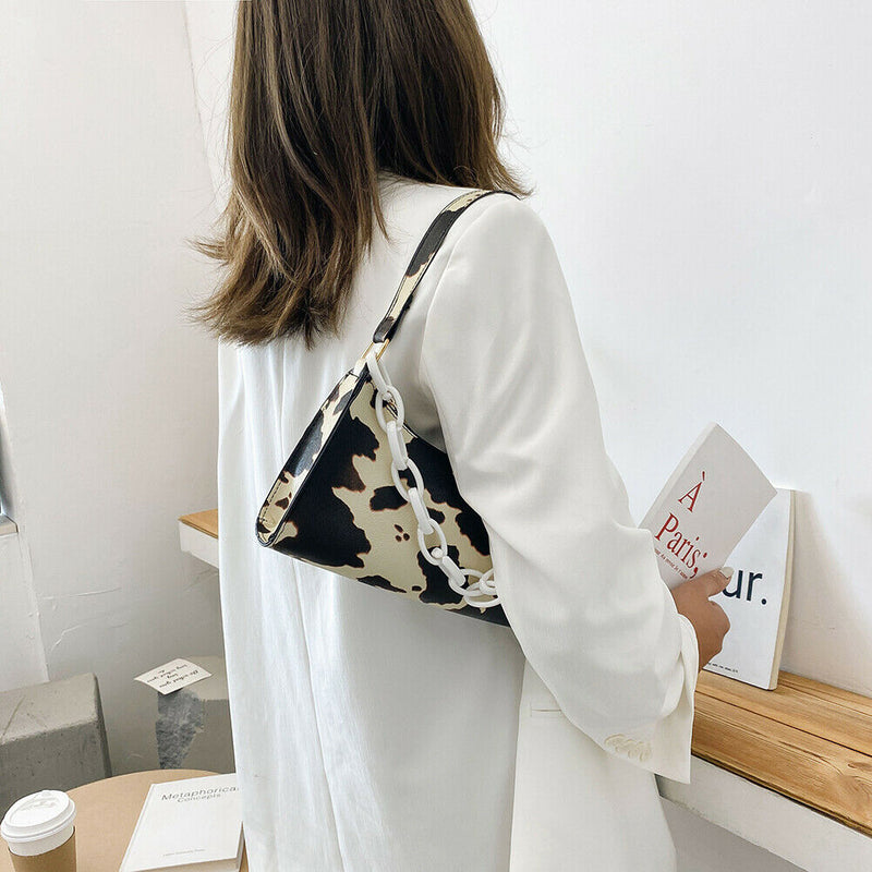 Cow Print Handbag Women PU Acrylic Chain Underarm Shoulder Bags (Beige)