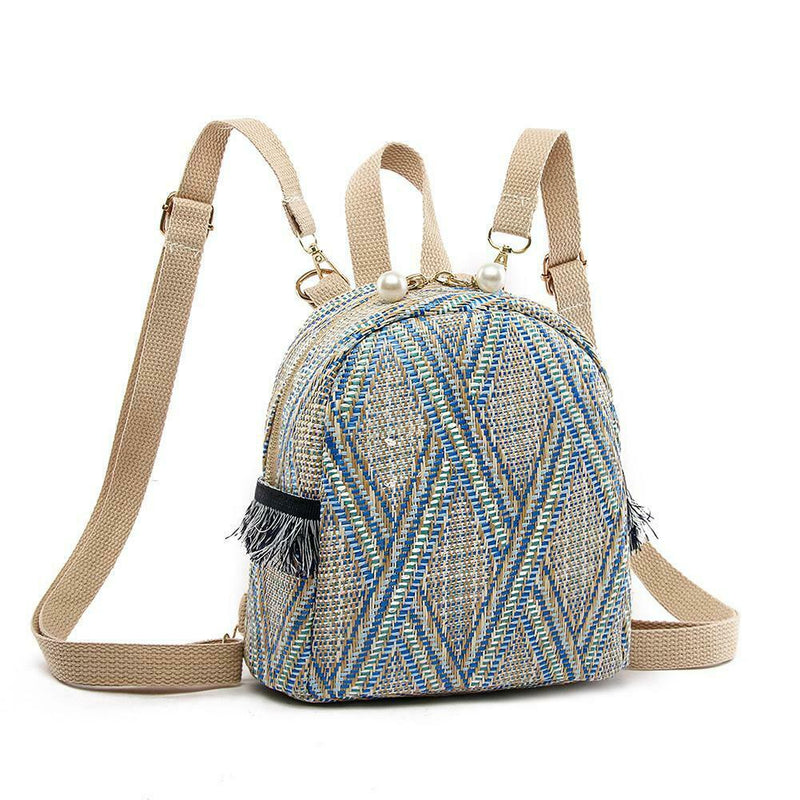 Straw Woven Small Backpacks Women Stripe Print Shoulder School Bags (Blue)