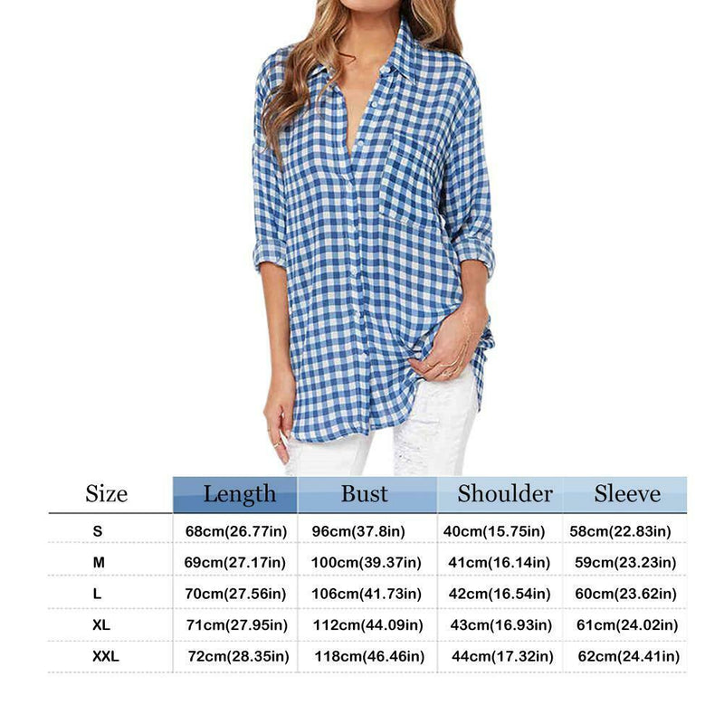 Cotton Plaid Long Sleeve T-shirt Lapel Single-breasted Women Blouse (M)