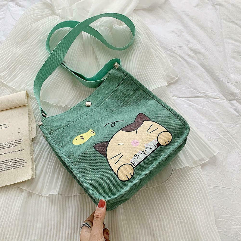 2pcs/set Women Canvas Cat Print Shoulder Crossbody Handbags Pen Bag (Green)