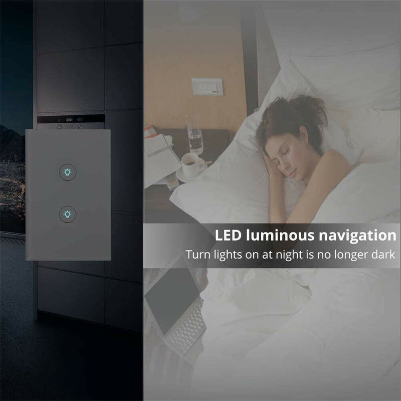 2 Gang WiFi Smart Light Wall Switch Touch Panel Voice Control US Standard A
