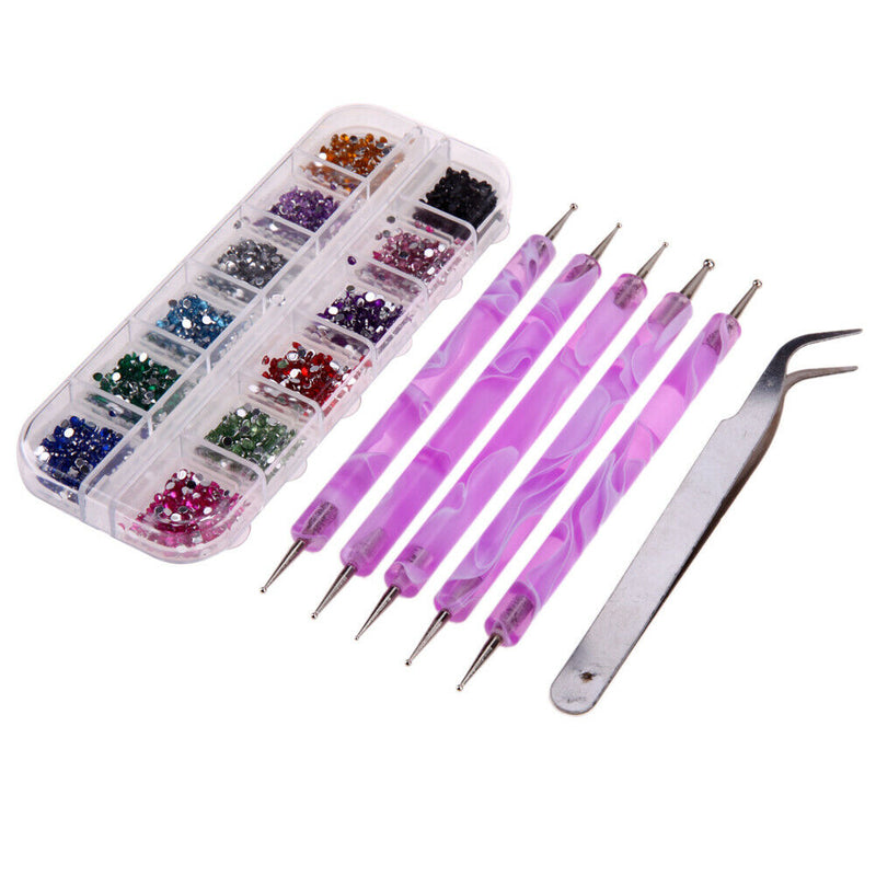 Nail Art Rhinestone+Tweezers Suit Nail Art Decor+5pcs Nail Art Dotting Pen