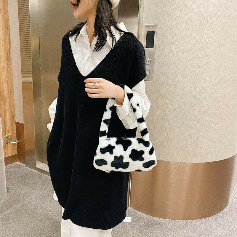 Animal Pattern Underarm Bag Women Mini Plush Shoulder Handbags Purse (6)