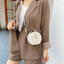 Women Small Round Shoulder Handbag Leather Stone Pattern Totes Bag (Beige) A