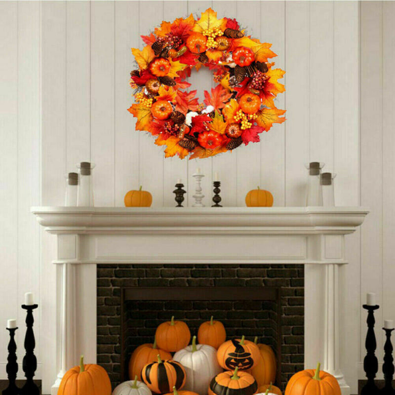 Pumpkin Pine Cone Berry Wreath Round Garland Wall Hanging Decor for Christmas