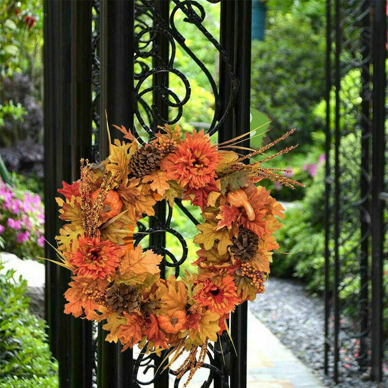 Pumpkin Pine Cone Berry Wreath Round Garland Wall Hanging Decor for Christmas
