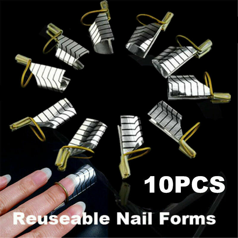 10PC Metal Nail Tips Extension Guide Form UV Gel Acrylic Nail Art Tools Reusable