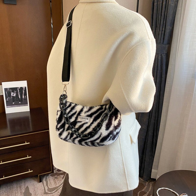 Fashion Zebra Print Shoulder Handbag Women Chain Travel Tote Messenger Bag