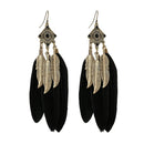 Fashion Leaf Pattern Feather Dangle Rhombus Drop Earrings for Women Black