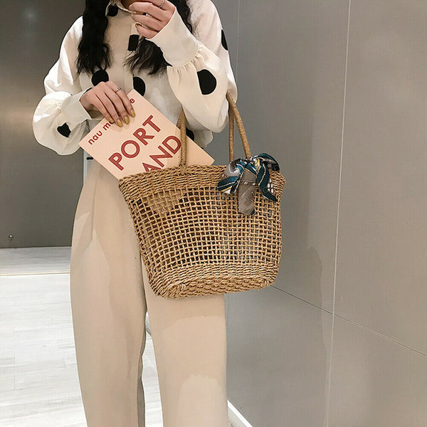 Women Straw Woven Shoulder Handbags Retro Girls Travel Vacation Beach Totes