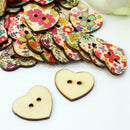 100 Pcs Mixed Printed Flower Heart Shape Wooden Sewing Buttons Scrapbooking DIY