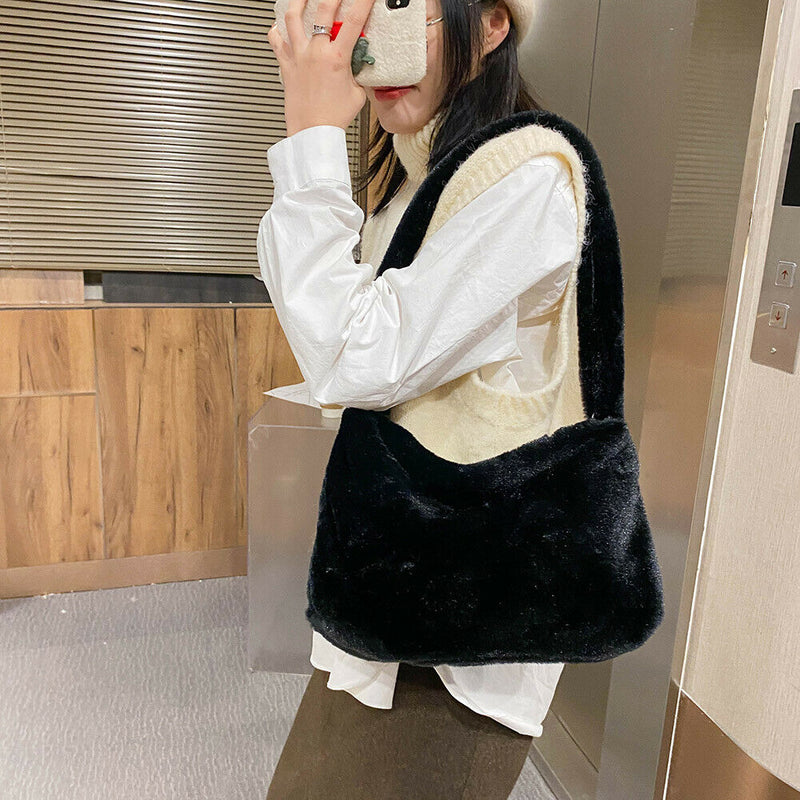 Animal Pattern Shoulder Underarm Bag Women Plush Top-handle Handbag (5)