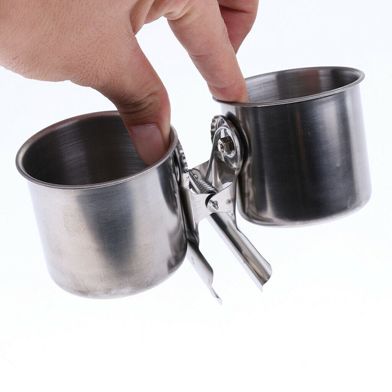 Bird Cage Coop Food Water Feeding Double Cups Bowl With Clip Stainless Steel