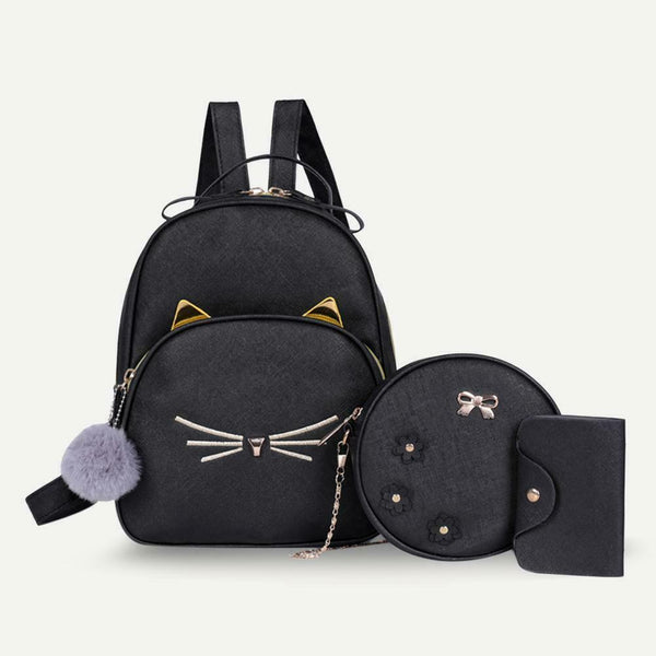 3pcs/set Cat Print Backpacks Women PU Leather Shoulder Card Bags (Black)