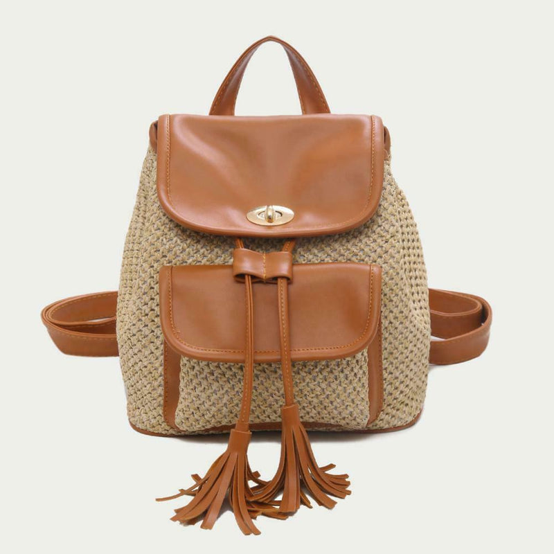 Leather Woven Backpacks Women Tassel Flap Schoolbags Knapsack (Light Brown) A