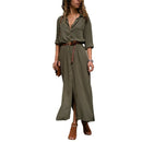Women Lapel Long Sleeve Button Shirt Maxi Dress Casual Loose Solid Color Sl Y4U6
