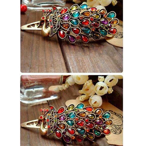 Women Fashion Retro Colorful Rhinestone Feathers Peacock Hair pin Duckbill Clip