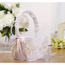 Ivory White Satin Wedding Flower Girl Basket with Bow Lace Butterfly Decoration