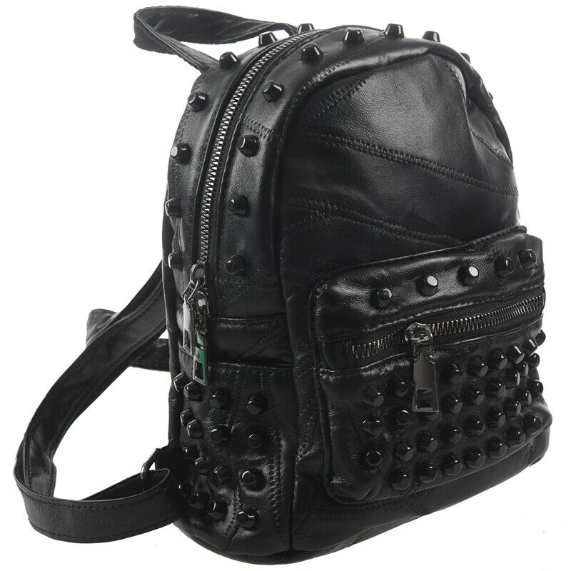 Women Small Good Leather Backpack Rivet Daily Cute Black Backpack for Teena W6B7
