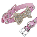 Pet Puppy Cat Dog Collar Pink PU Leather Adjustable Rhinestone Bow Neck Strap
