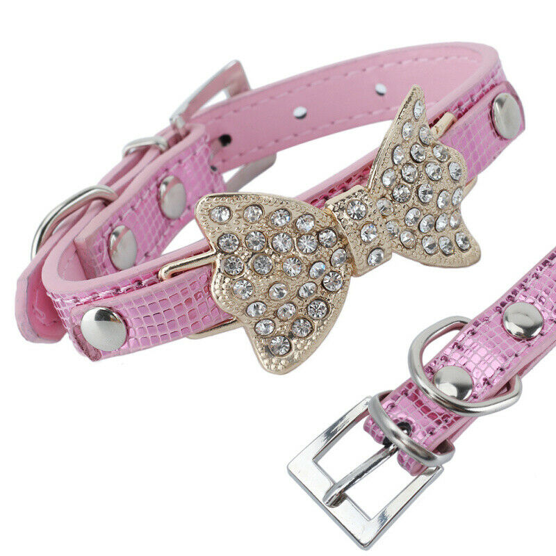 Pet Puppy Cat Dog Collar Pink PU Leather Adjustable Rhinestone Bow Neck Strap