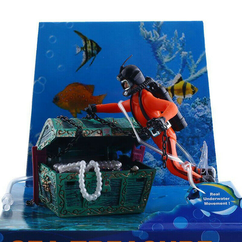 Frogman Diver Treasure Chest Shaped Action Air Ornament Fish Tank Aquarium Decor