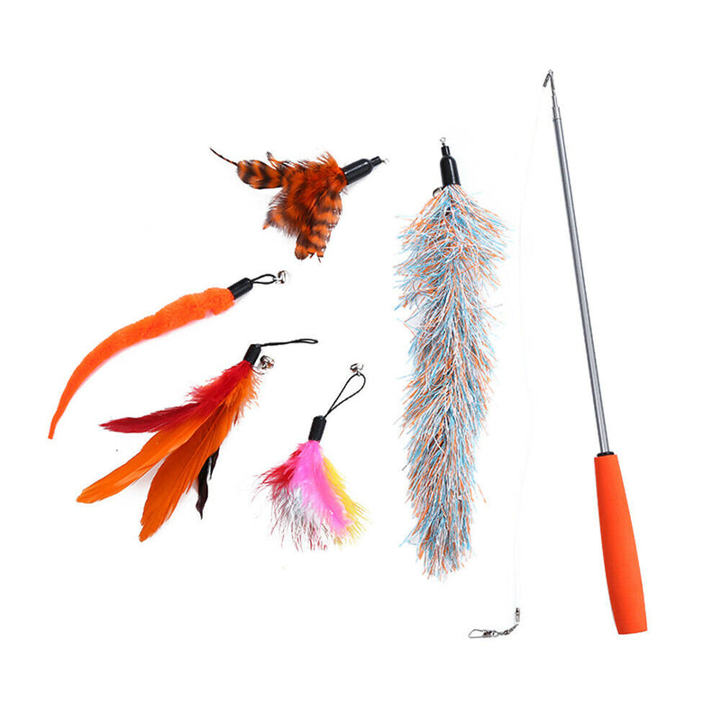 Pet Telescopic Feather Teaser Wand Rod Cat Toys w/Replacement Head (Orange) A