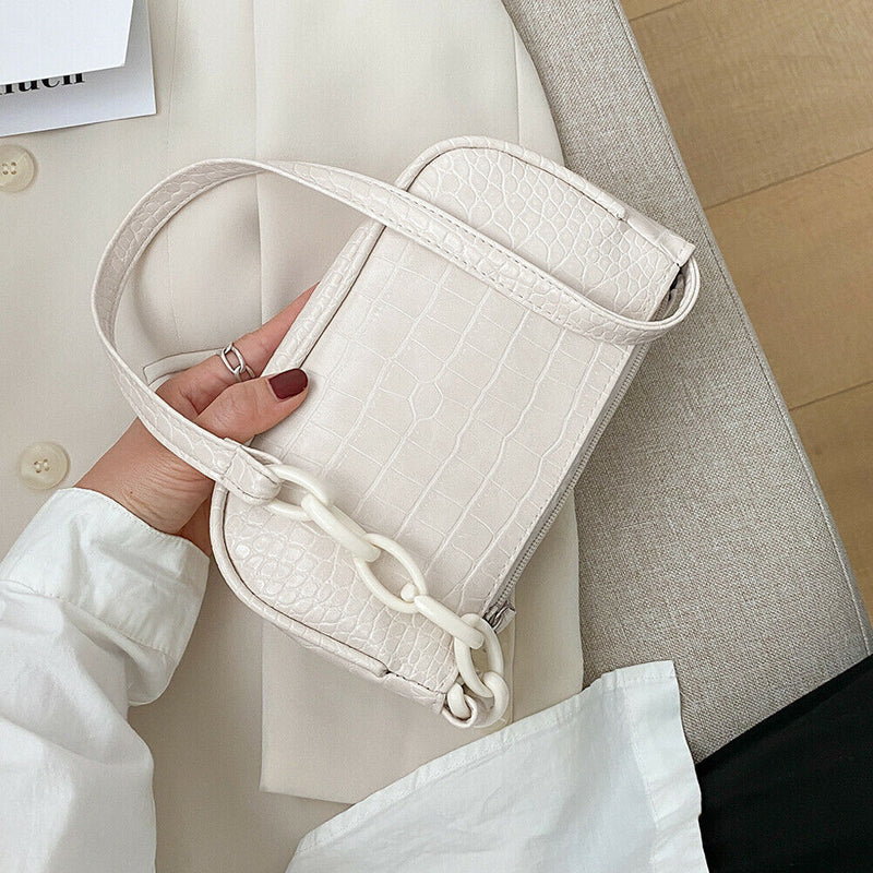 Casual Alligator PU Women Handbag Tote Chain Underarm Shoulder Bag (White)