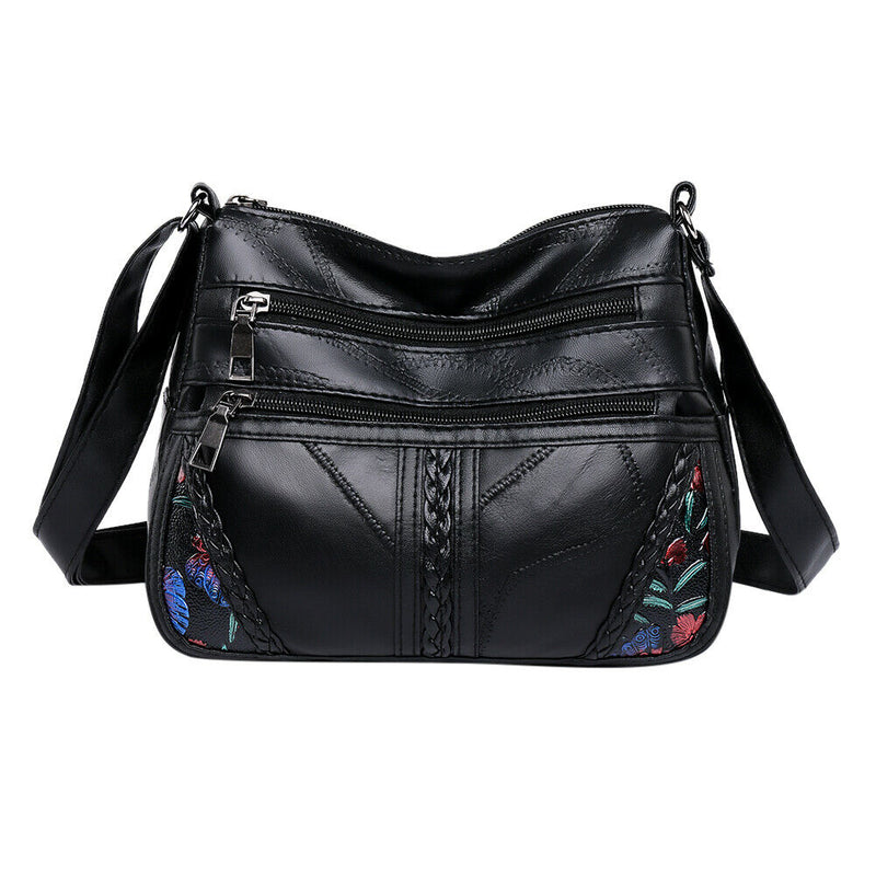 Women Flower Printed Crossbody Bag Multi Pocket Soft PU Shoulder Handbags