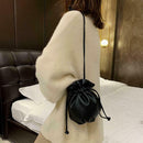 Shoulder Bucket Handbag Women PU Leather Drawstring Crossbody Bag (Black)