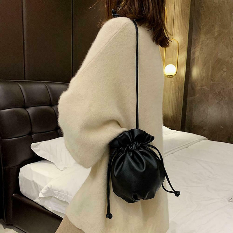 Shoulder Bucket Handbag Women PU Leather Drawstring Crossbody Bag (Black)