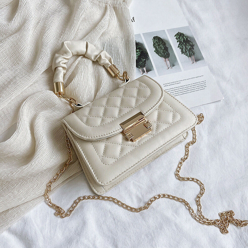 Lattice Pattern Shoulder Bags Women PU Pleated Chain Small Handbag (Beige)