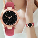 Women PU Leather Quartz Luxury Starry Sky Crystal Dial Watches (Rose Red) A
