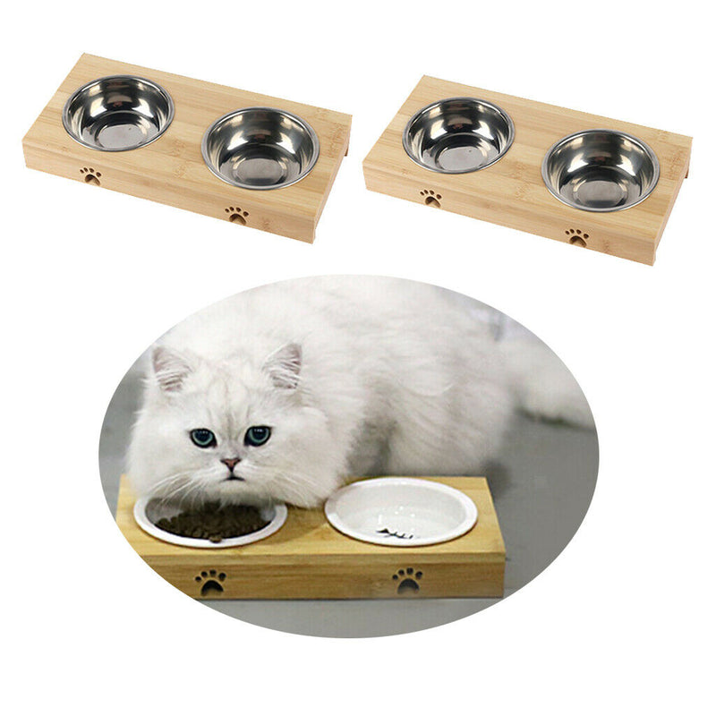 2pcs Bamboo Elevated Dog Cat Food Water Bowls Stand Feeder With Stainless 2 Bowl