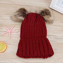 2pcs Parent-offspring Cap Baby Mom Pompon Winter Warm Knit Hat(Wine Red)