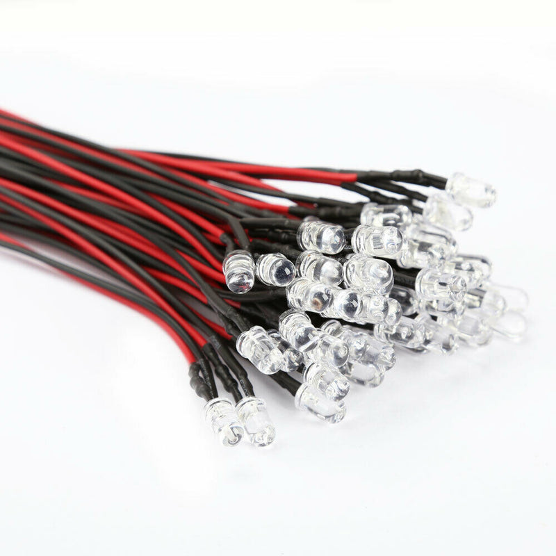 50pcs DC 12V 5mm Car Decor Red Light LED Long Bright Lamp Bulbs with Wire