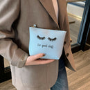 Women Travel Cosmetic Clutch Bag Leather Letter Print Makeup Pouch (Blue) A
